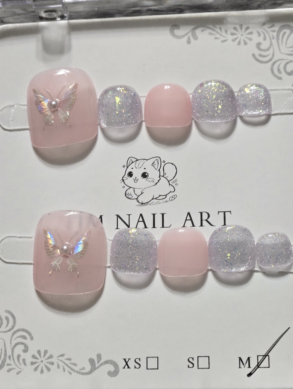 M Nail Art Pink & Glitter Press-On Toenails - Butterfly Accent